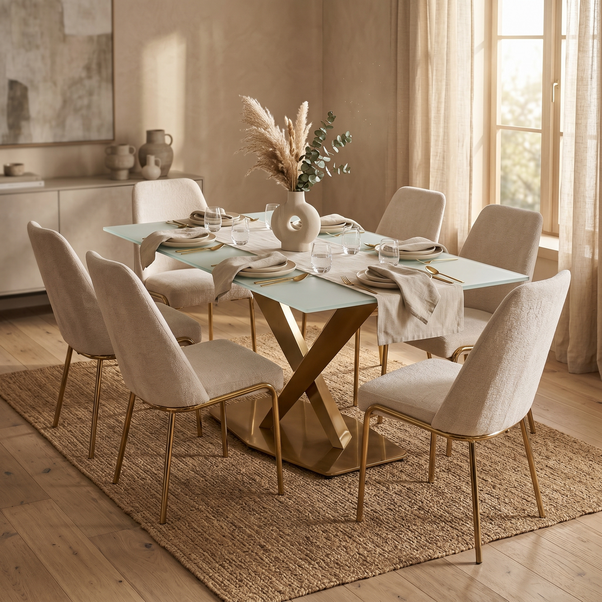 Voren Rectangular Dining Table with Sintered Stone / Glass Tabletop in Stainless Steel Double Pedestal Base