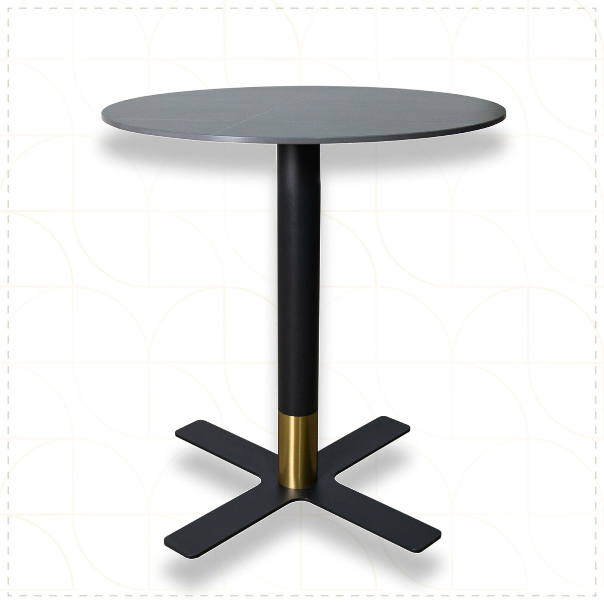 Vail Collection Dining Table Black/Gold X Base With Round MDF Wood/Sintered Stone Top 27 Inches Black Stone Dining Table Leisuremod