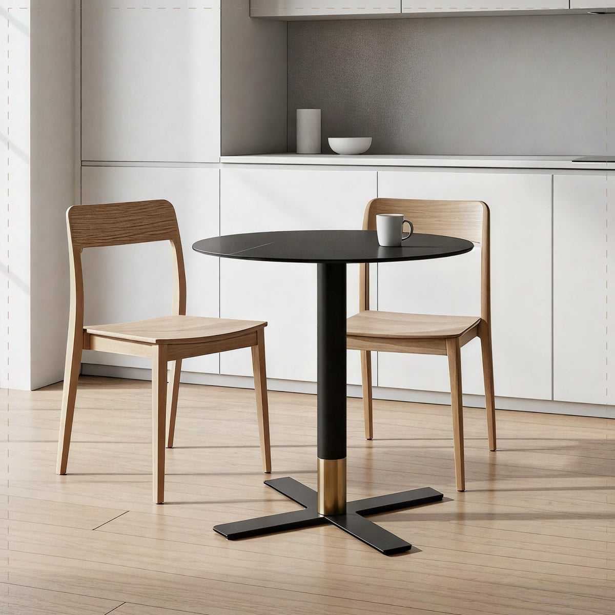 Vail Collection Dining Table Black/Gold X Base With Round MDF Wood/Sintered Stone Top 27 Inches Black Stone Dining Table Leisuremod