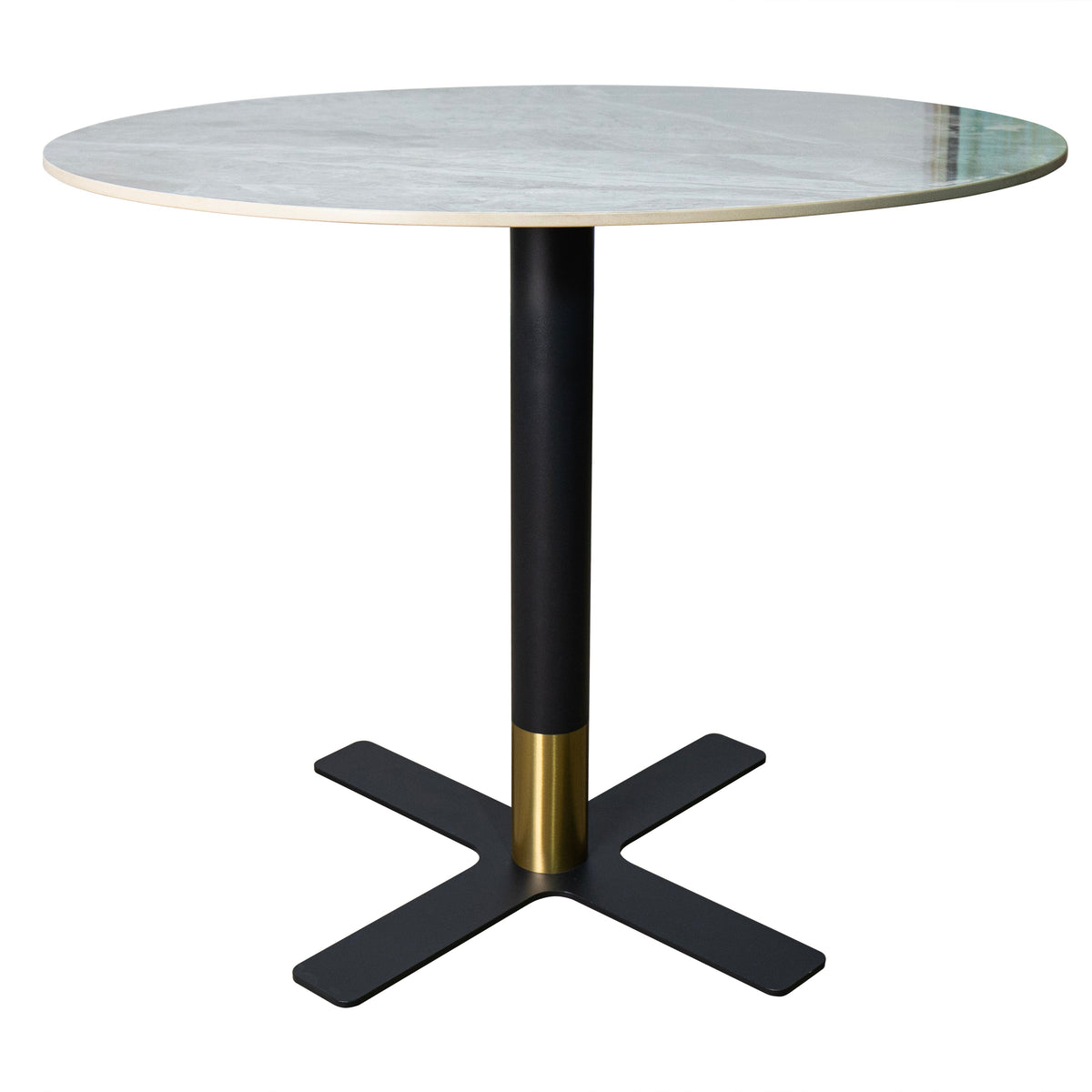 Vail Collection Dining Table Black/Gold X Base With Round MDF Wood/Sintered Stone Top 27 Inches Grey Stone Dining Table Leisuremod