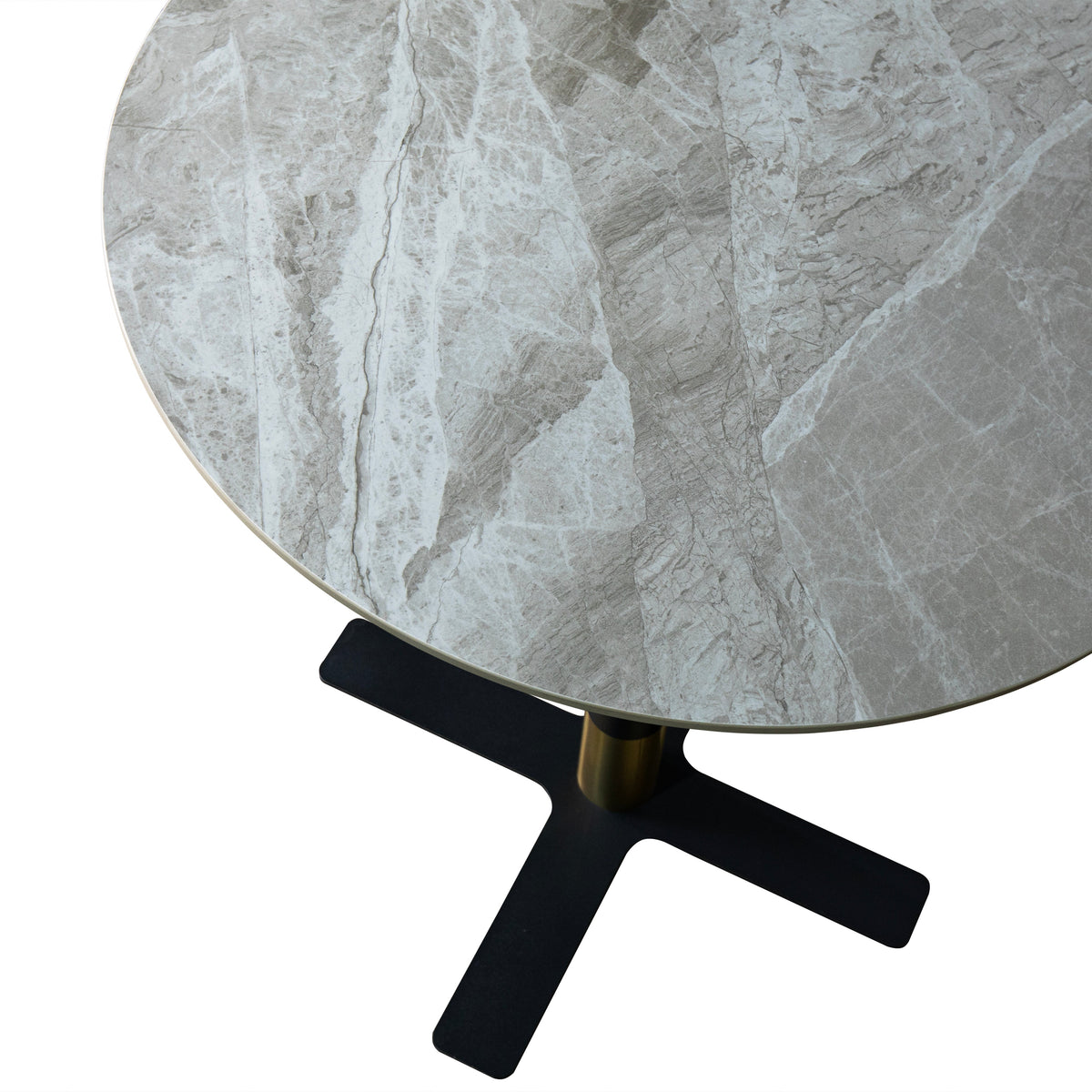 Vail Collection Dining Table Black/Gold X Base With Round MDF Wood/Sintered Stone Top 27 Inches Grey Stone Dining Table Leisuremod