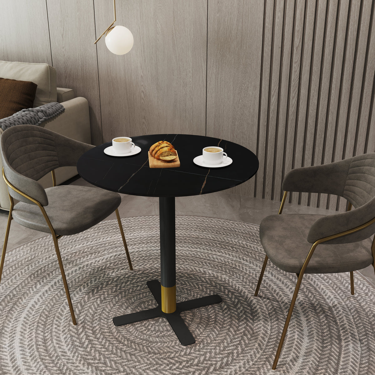 Vail Collection Dining Table Black/Gold X Base With Round MDF Wood/Sintered Stone Top 36 Inches Black Stone Dining Table Leisuremod