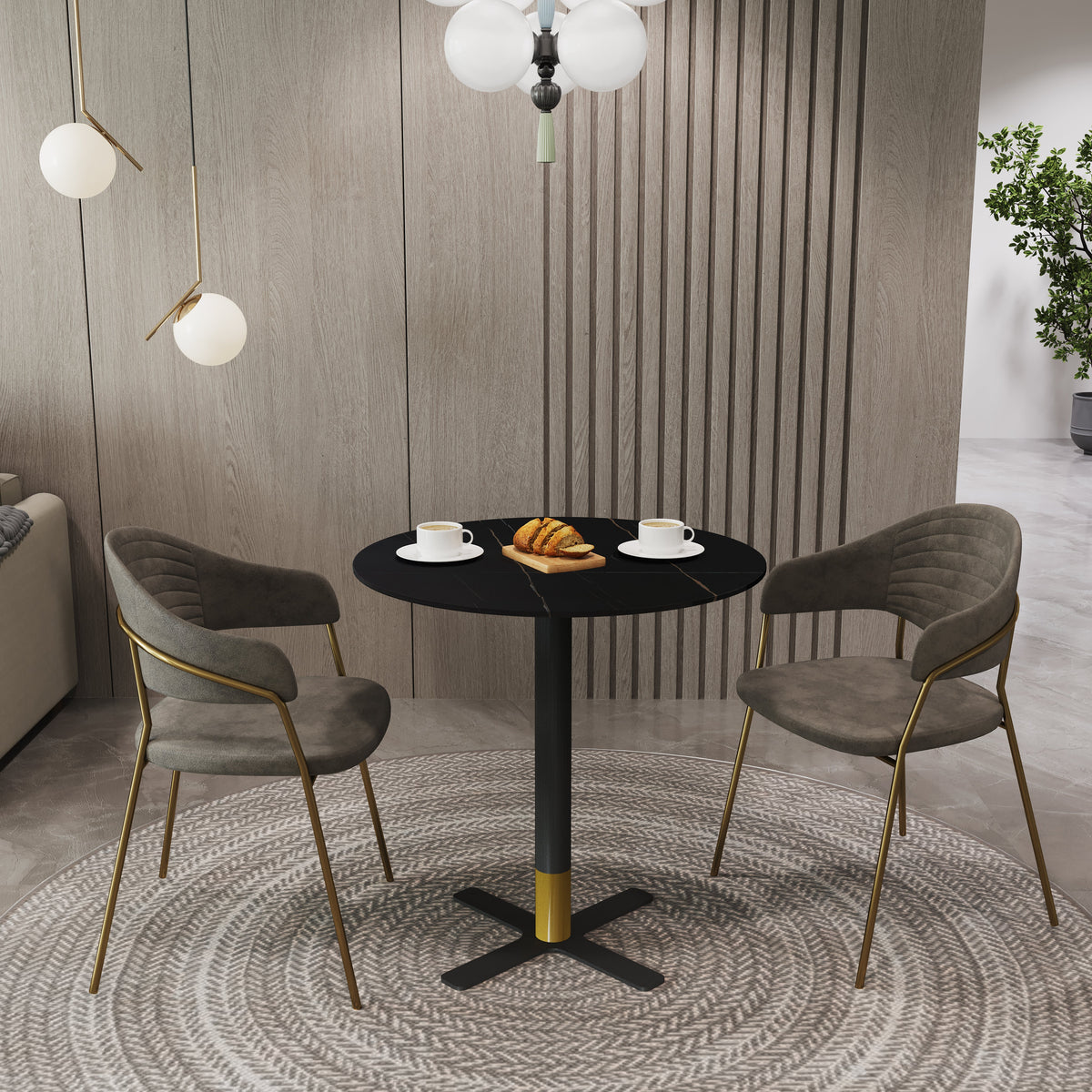 Vail Collection Dining Table Black/Gold X Base With Round MDF Wood/Sintered Stone Top 36 Inches Black Stone Dining Table Leisuremod