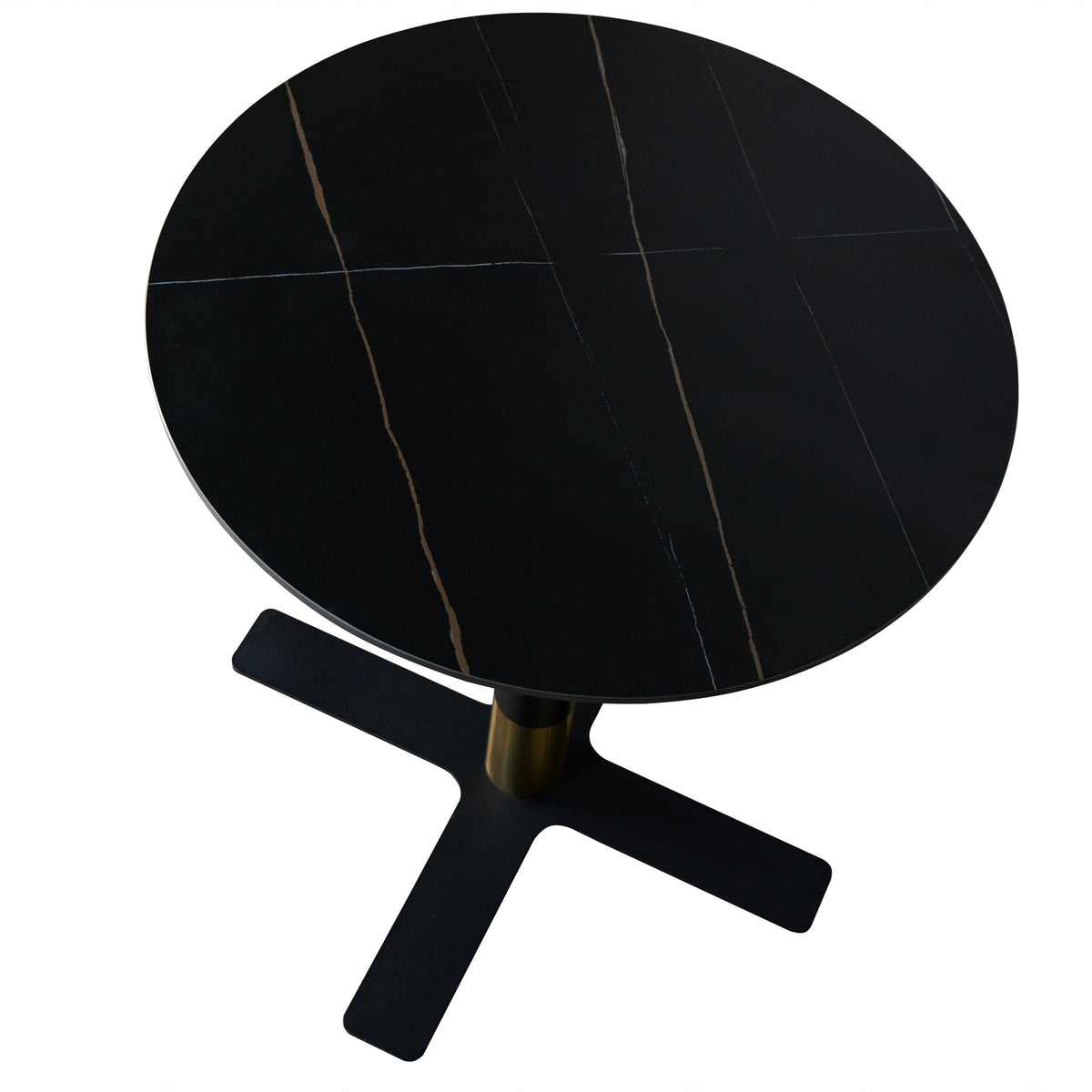 Vail Collection Dining Table Black/Gold X Base With Round MDF Wood/Sintered Stone Top 36 Inches Black Stone Dining Table Leisuremod