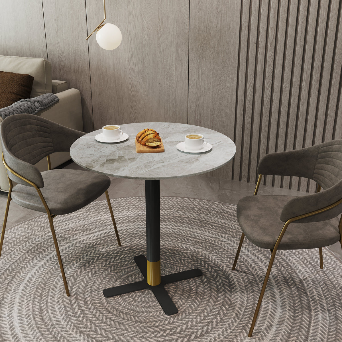 Vail Collection Dining Table Black/Gold X Base With Round MDF Wood/Sintered Stone Top 36 Inches Grey Stone Dining Table Leisuremod