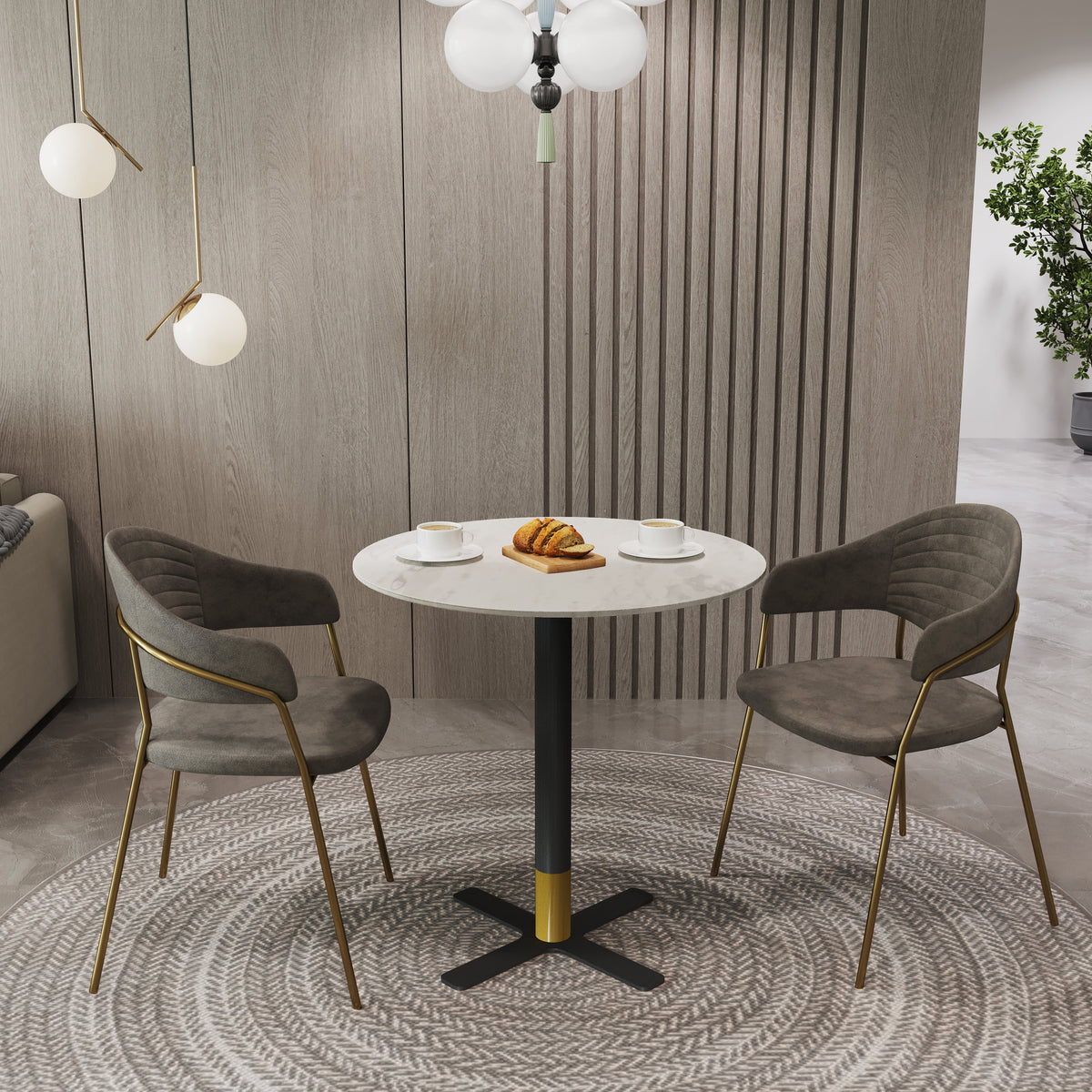 Vail Collection Dining Table Black/Gold X Base With Round MDF Wood/Sintered Stone Top 36 Inches White Stone Dining Table Leisuremod