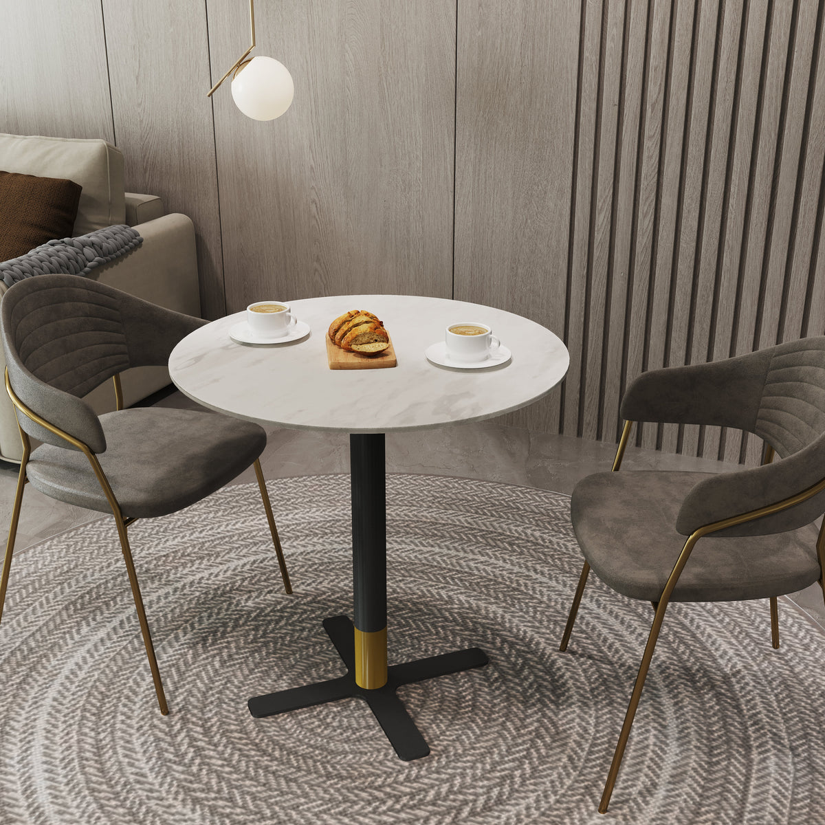 Vail Collection Dining Table Black/Gold X Base With Round MDF Wood/Sintered Stone Top 36 Inches White Stone Dining Table Leisuremod