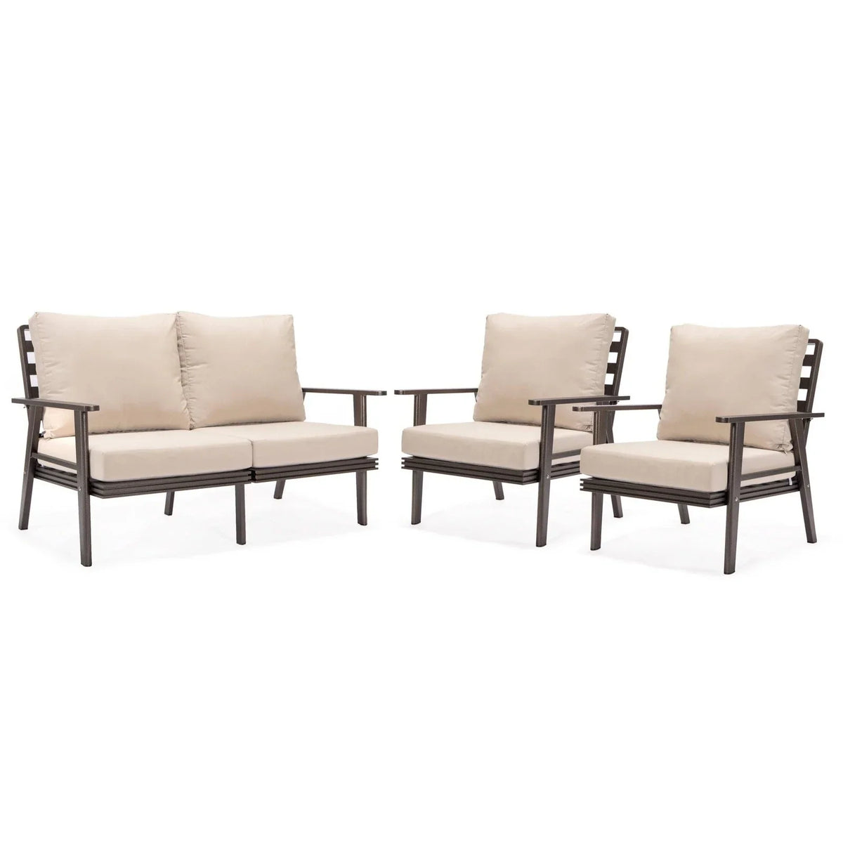 Walbrooke Modern 3-Piece Outdoor Patio Set with Brown Aluminum Frame and Removable Cushions Loveseat and Set of 2 Armchairs - Elax Furniture