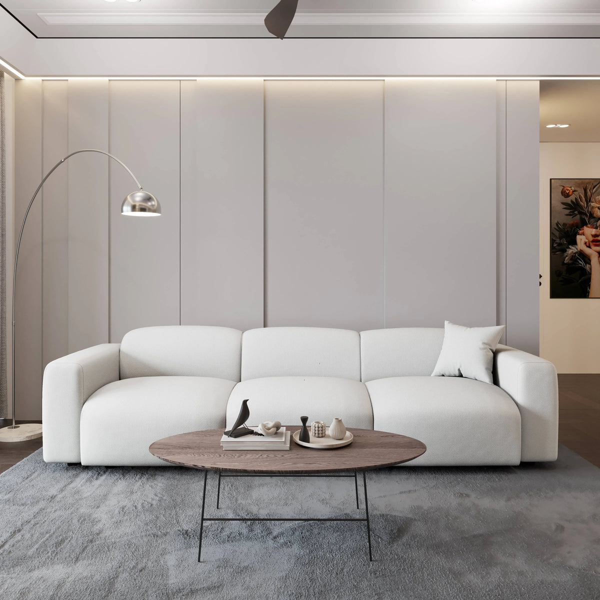 LeisureMod Whisper 4-6 Seater Conversation Set With a Chaise and Ottoman Upholstered in Linen/Leather/Polyester - Elax Furniture