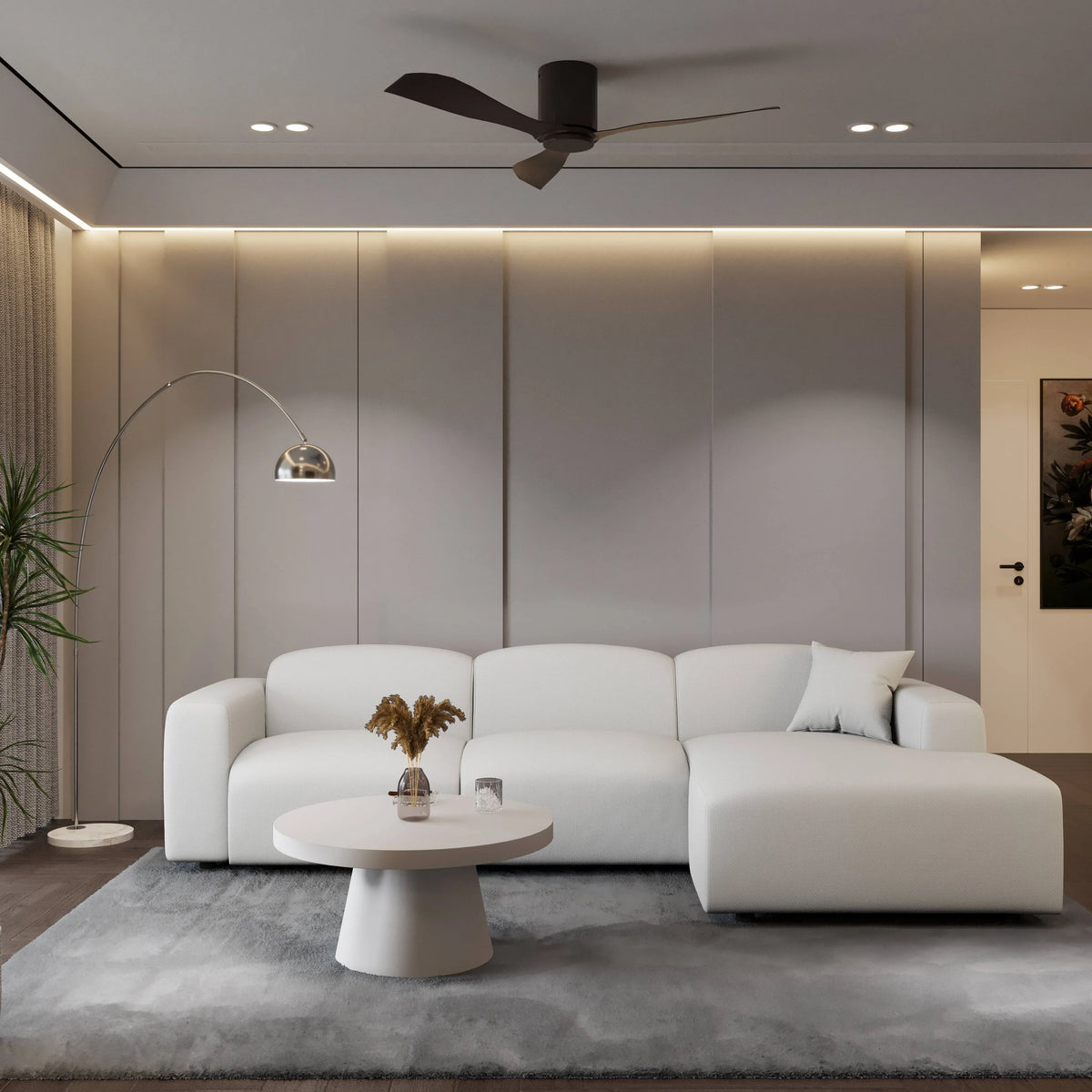 LeisureMod Whisper 4-6 Seater Conversation Set With a Chaise and Ottoman Upholstered in Linen/Leather/Polyester - Elax Furniture