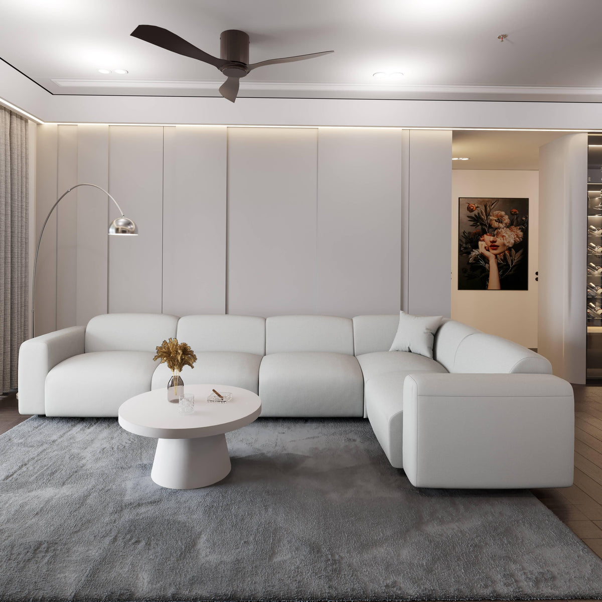 LeisureMod Whisper 4-6 Seater Conversation Set With a Chaise and Ottoman Upholstered in Linen/Leather/Polyester - Elax Furniture
