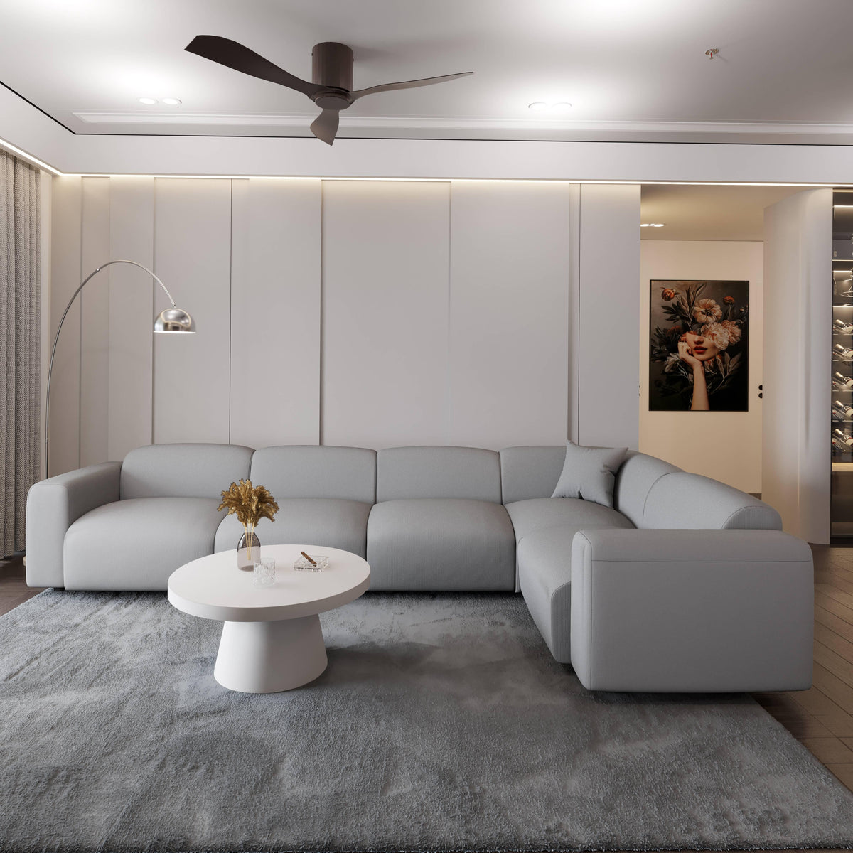 LeisureMod Whisper 4-6 Seater Conversation Set With a Chaise and Ottoman Upholstered in Linen/Leather/Polyester - Elax Furniture