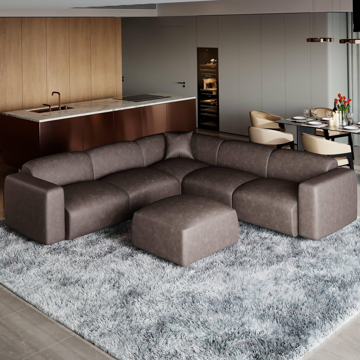 LeisureMod Whisper 4-6 Seater Conversation Set With a Chaise and Ottoman Upholstered in Linen/Leather/Polyester - Elax Furniture