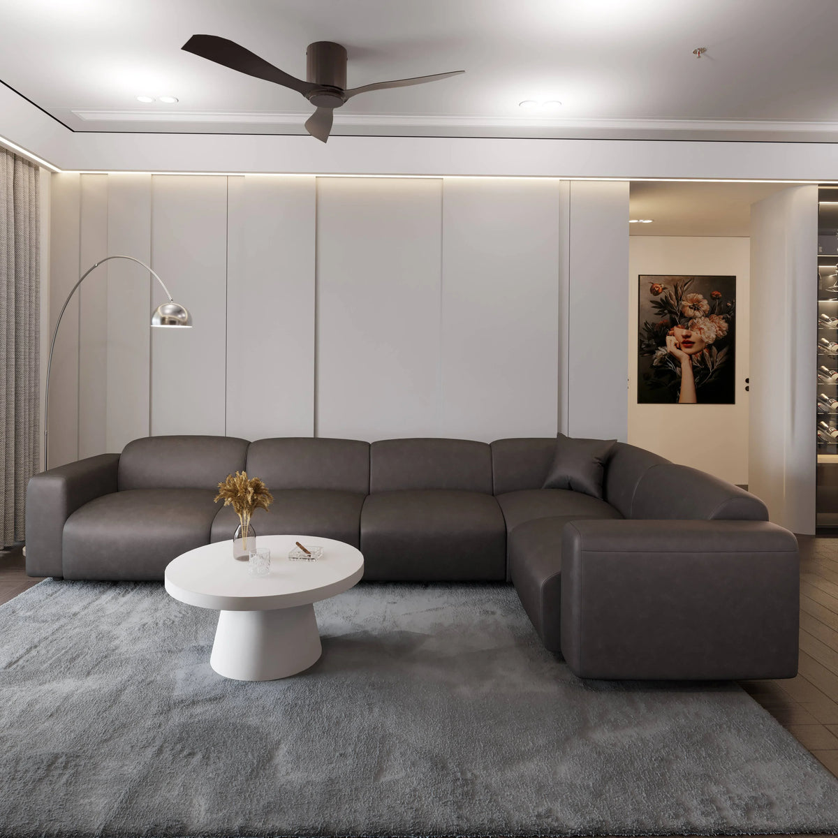 LeisureMod Whisper 4-6 Seater Conversation Set With a Chaise and Ottoman Upholstered in Linen/Leather/Polyester - Elax Furniture