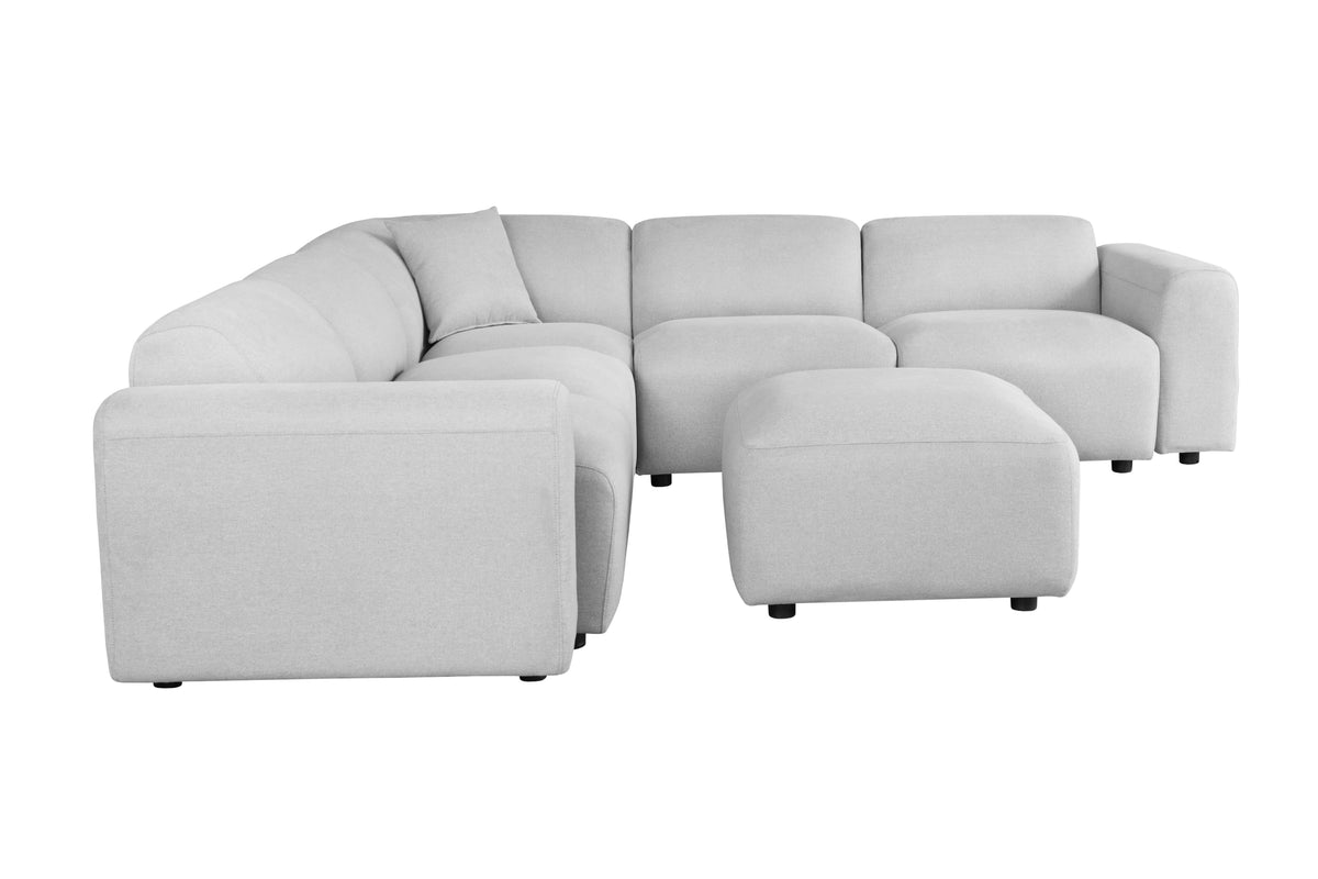 LeisureMod Whisper 4-6 Seater Conversation Set With a Chaise and Ottoman Upholstered in Linen/Leather/Polyester - Elax Furniture