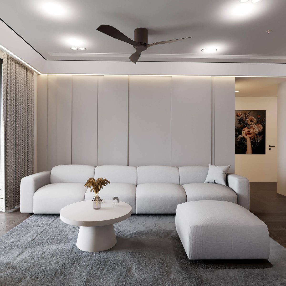 LeisureMod Whisper 4-6 Seater Conversation Set With a Chaise and Ottoman Upholstered in Linen/Leather/Polyester - Elax Furniture