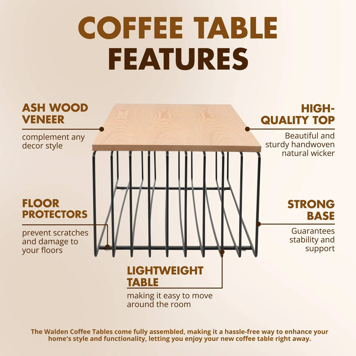 Walden Rectangular Coffee Table with Ash Wood Tabletop in Black Steel Frame - Elax Furniture