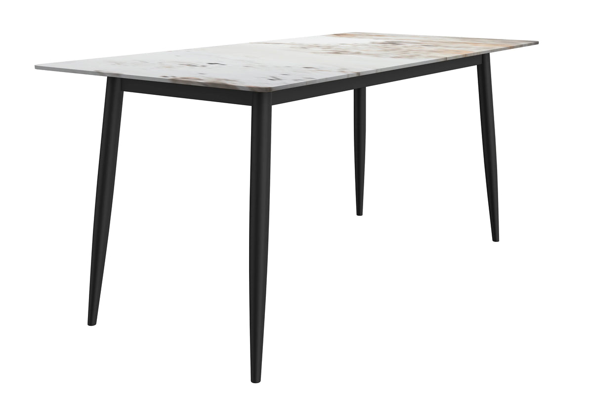 Zayle Rectangular Dining Table with a Sintered Stone Tabletop and a Stainless Steel Base Black Solid White Dining Table Leisuremod
