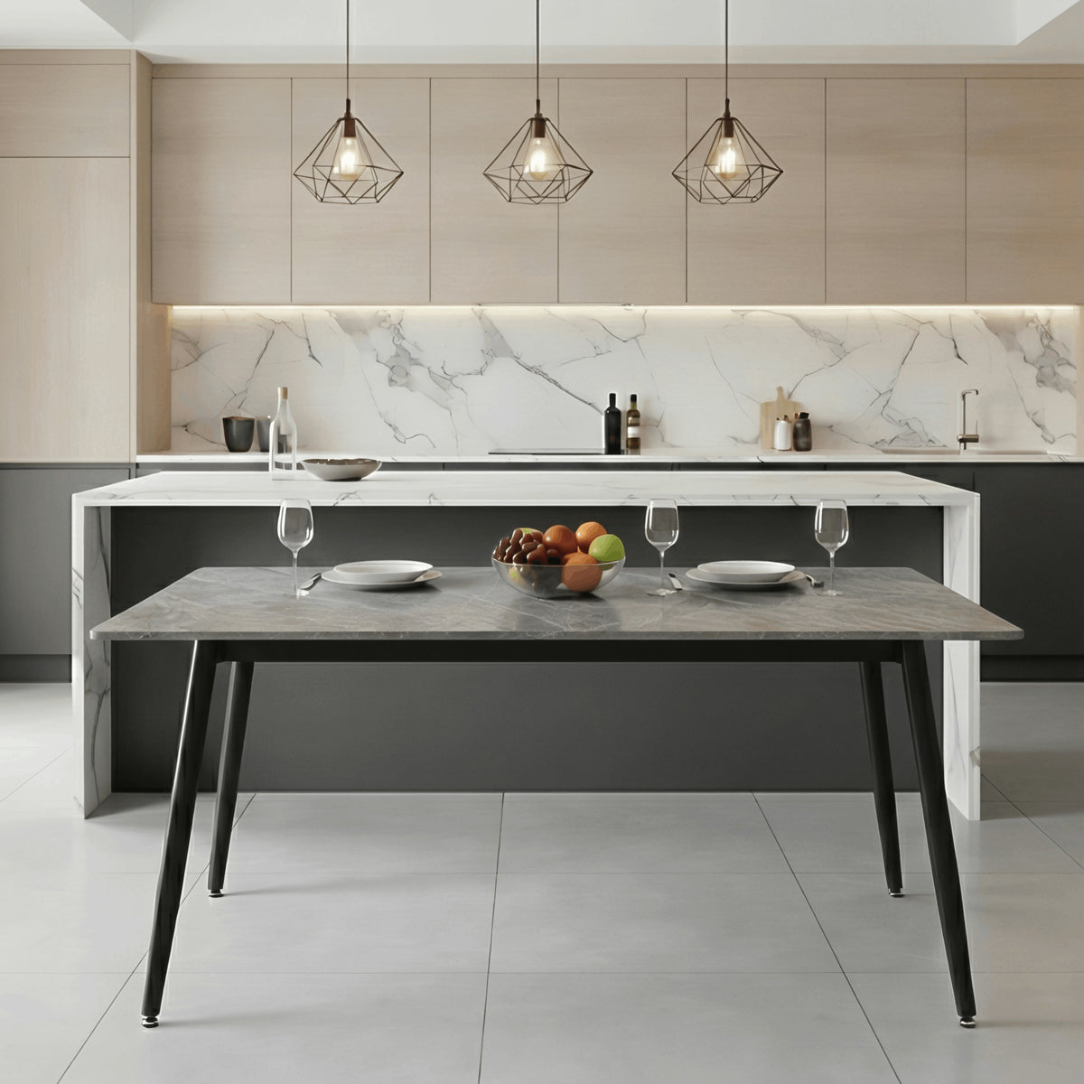 Zayle Modern Dining Table with a Rectangular Glass/Stone Tabletop in Steel