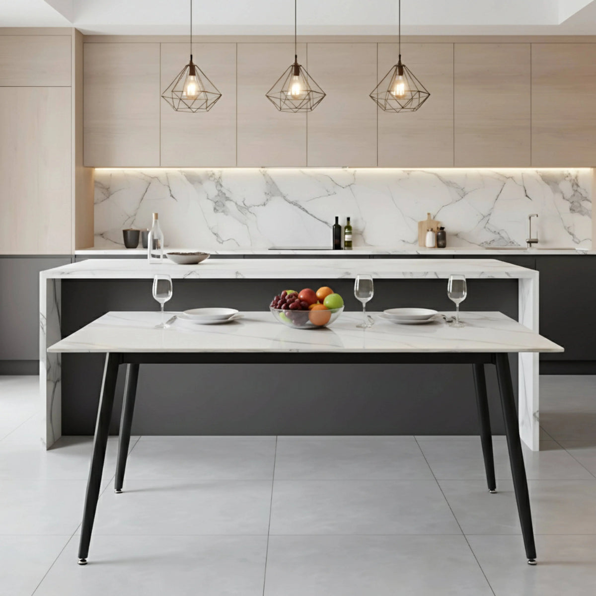 Zayle Modern Dining Table with a Rectangular Glass/Stone Tabletop in Steel
