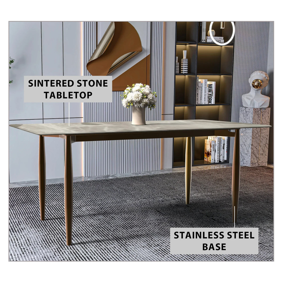 Zinti Dining Table with Glass or Sintered Stone Rectangular Wide Tabletop with Steel Base and Legs - Elax Furniture