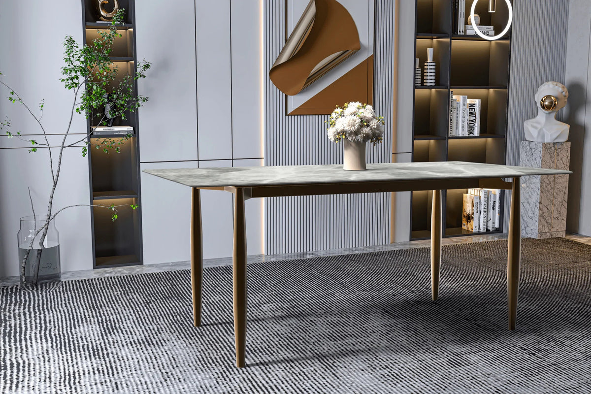 Zinti Dining Table with Glass or Sintered Stone Rectangular Wide Tabletop with Steel Base and Legs - Elax Furniture