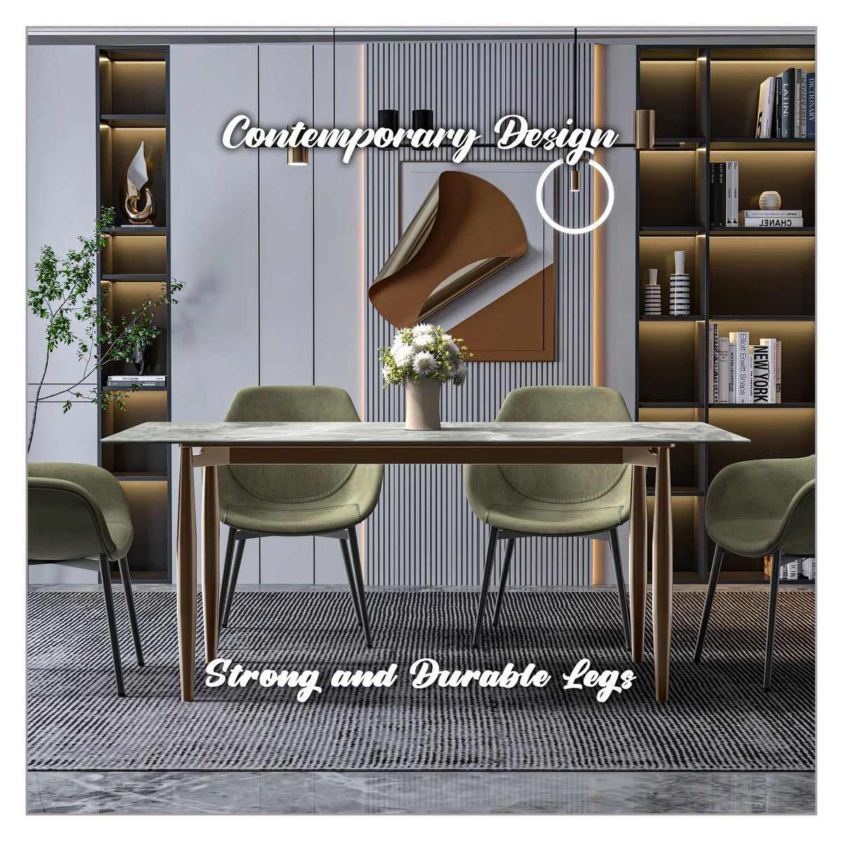 Zinti Dining Table with Glass or Sintered Stone Rectangular Wide Tabletop with Steel Base and Legs - Elax Furniture