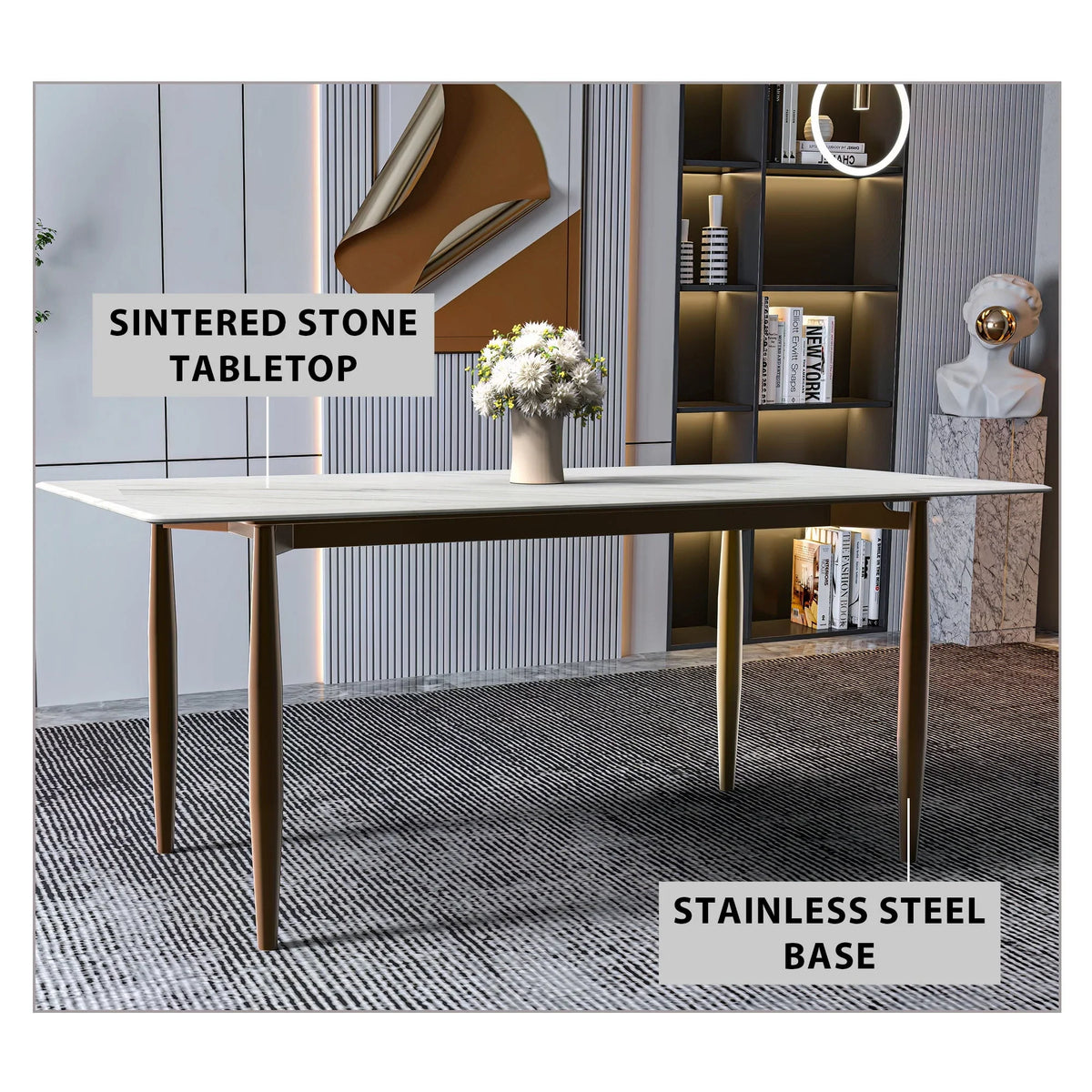 Zinti Dining Table with Glass or Sintered Stone Rectangular Wide Tabletop with Steel Base and Legs - Elax Furniture
