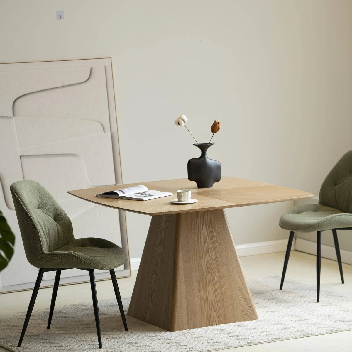 Zephry 47" Square Dining Table in Ash Wood Veneer with Tapered Iron Pedestal Base - Elax Furniture