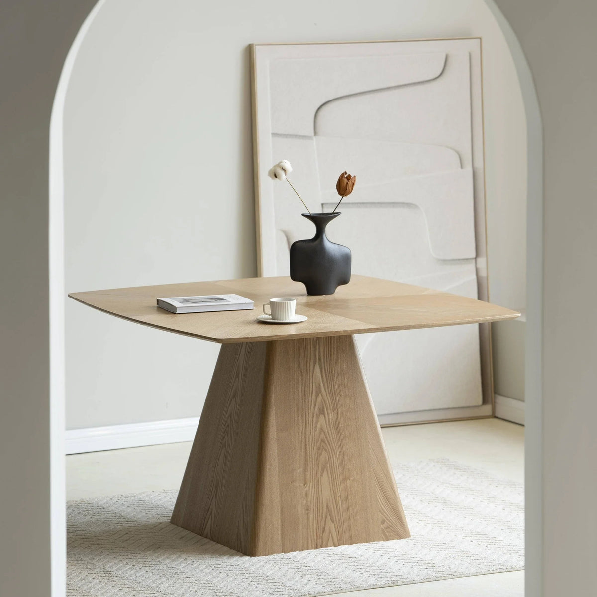 Zephry 47" Square Dining Table in Ash Wood Veneer with Tapered Iron Pedestal Base - Elax Furniture