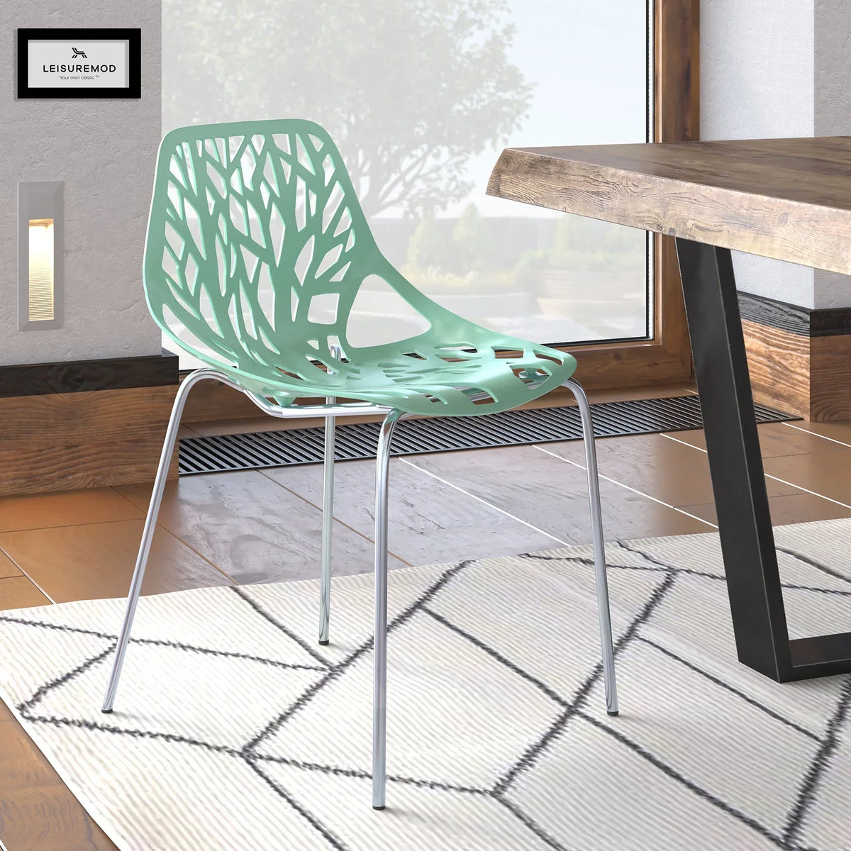 Asbury Polypropylene Dining Side Chair with Forest Cut-Out Design in Chrome - Elax Furniture