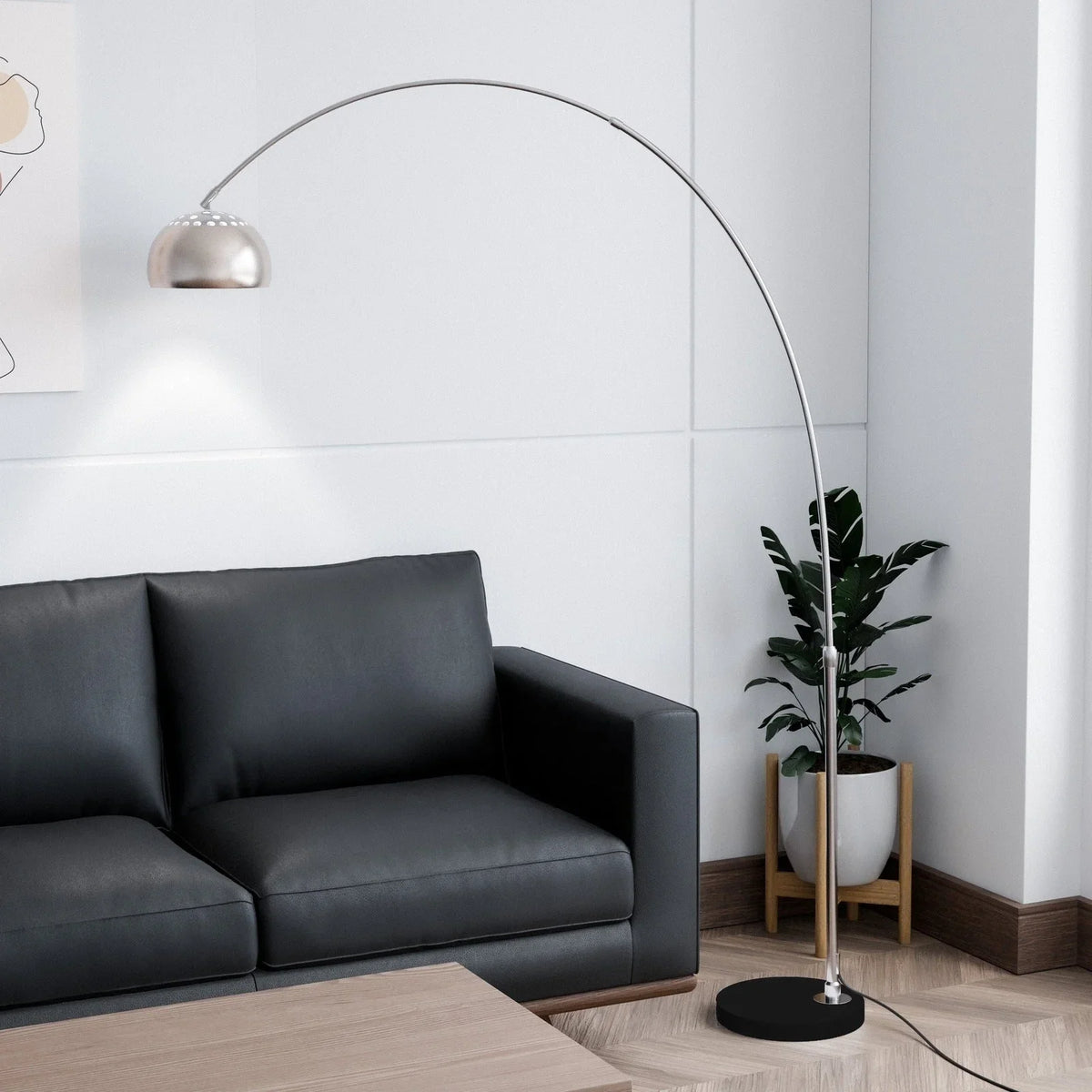 Arco Modern 76" Arched Floor Lamp: Black Marble Base & Metal Dome Shade - Elax Furniture