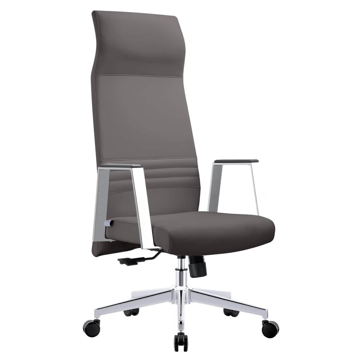 Aleen High-Back Office Chair in Upholstered Leather and Iron Frame with Swivel and Tilt Grey Office Chair Leisuremod