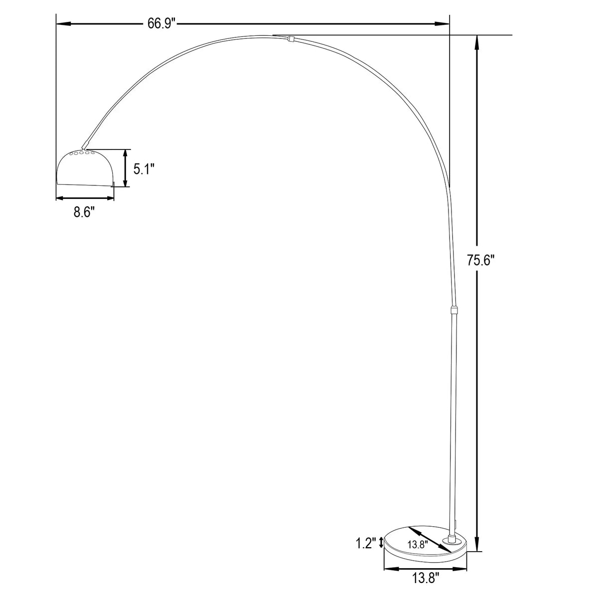 Arco Modern Arched Floor Lamp 76" Height with White Round Marble Base and Metal Dome Lamp Shade - Elax Furniture
