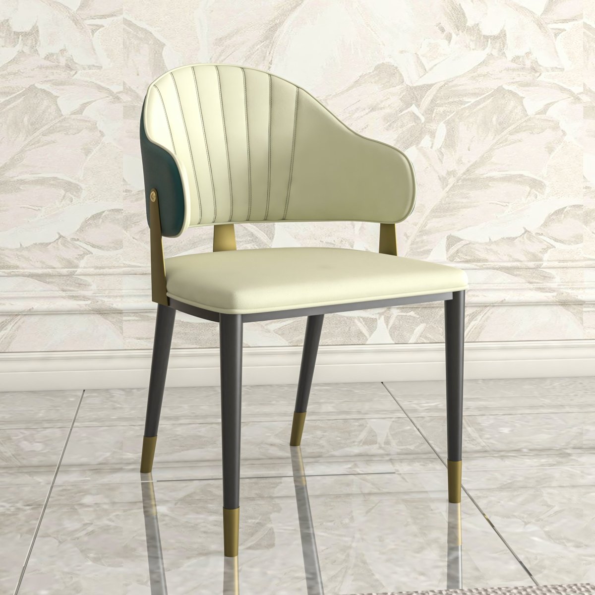 Aria Leather Dining Chair with a Curved Back and Gold Accents Design in Iron Green Dining Chair Leisuremod