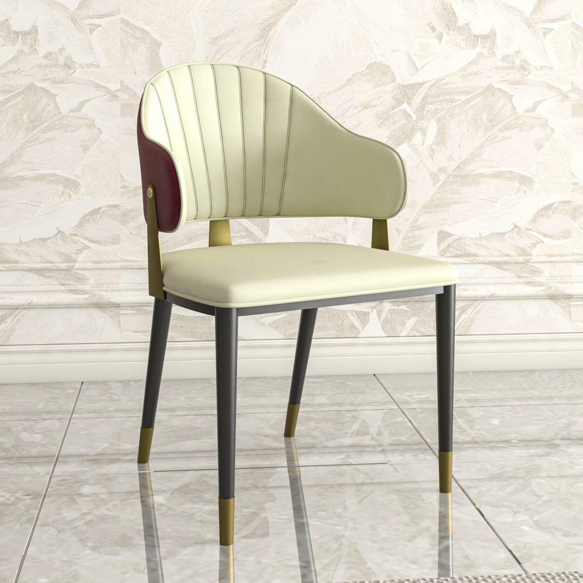 Aria Leather Dining Chair with a Curved Back and Gold Accents Design in Iron Red Dining Chair Leisuremod
