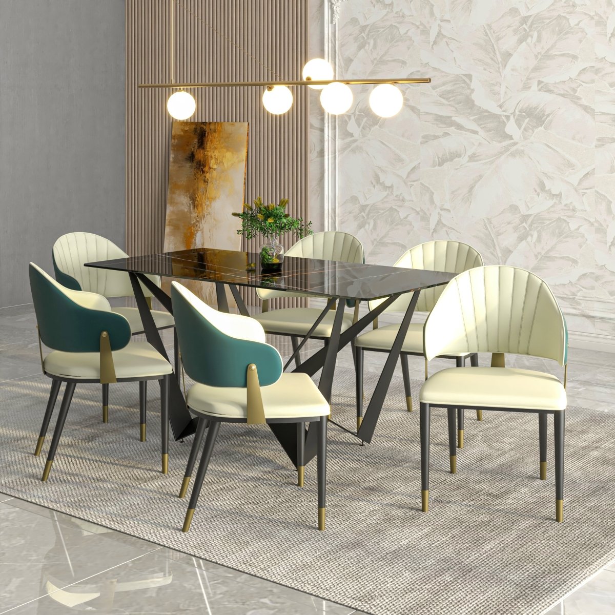 Aria Leather Dining Chair with a Curved Back and Gold Accents Design in Iron Green Dining Chair Leisuremod