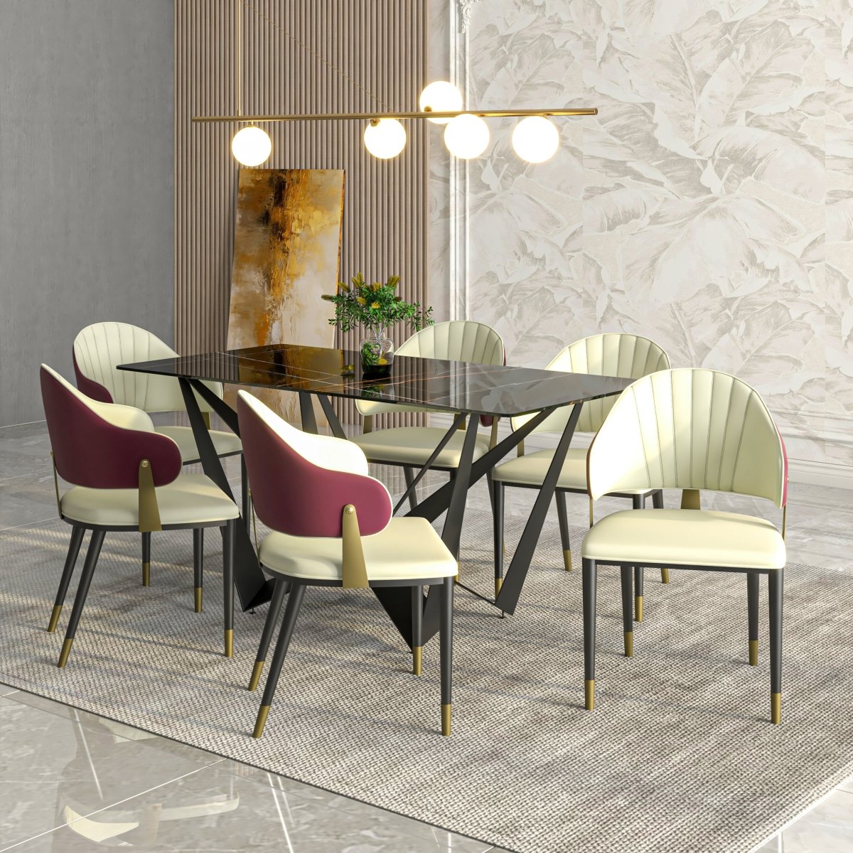 Aria Leather Dining Chair with a Curved Back and Gold Accents Design in Iron Red Dining Chair Leisuremod