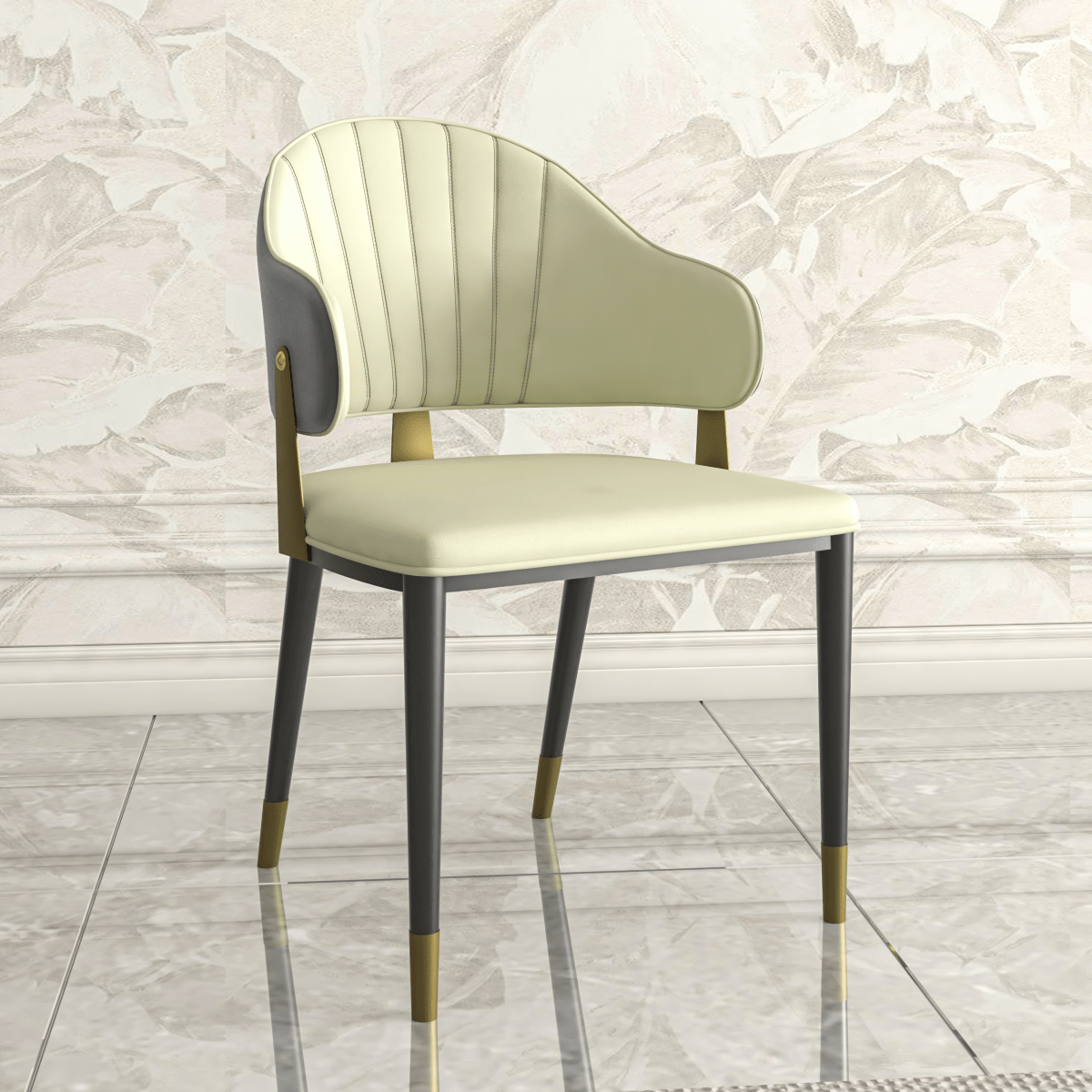 Aria Leather Dining Chair with a Curved Back and Gold Accents Design in Iron Grey Dining Chair Leisuremod