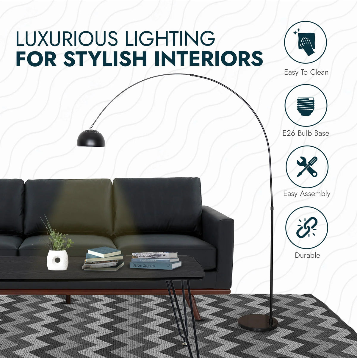 Arco Modern 76" Arched Floor Lamp: Black Marble Base & Metal Dome Shade - Elax Furniture