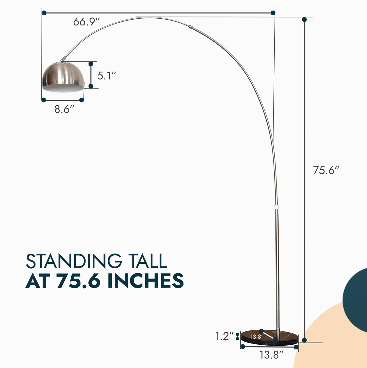 Arco Modern 76" Arched Floor Lamp: Black Marble Base & Metal Dome Shade - Elax Furniture
