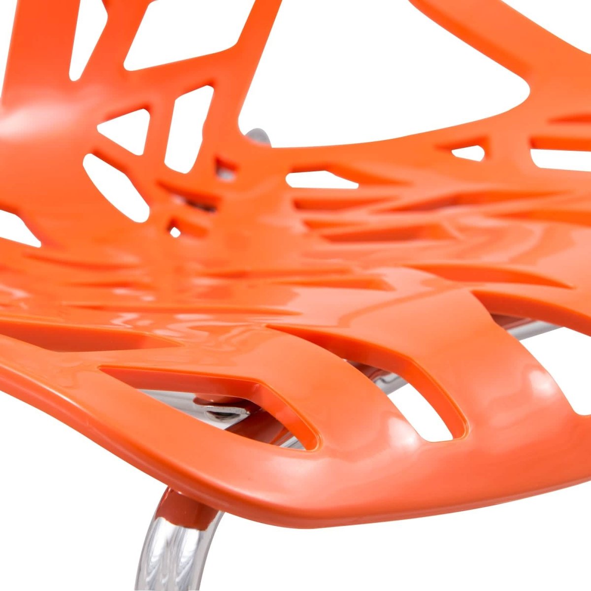 Asbury Polypropylene Dining Side Chair with Forest Cut-Out Design in Chrome Orange Dining Chair Leisuremod