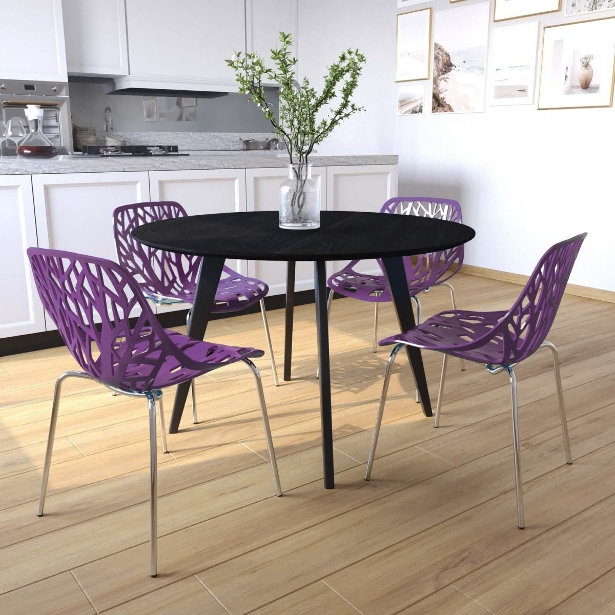 Asbury Polypropylene Dining Side Chair with Forest Cut-Out Design in Chrome Purple Dining Chair Leisuremod