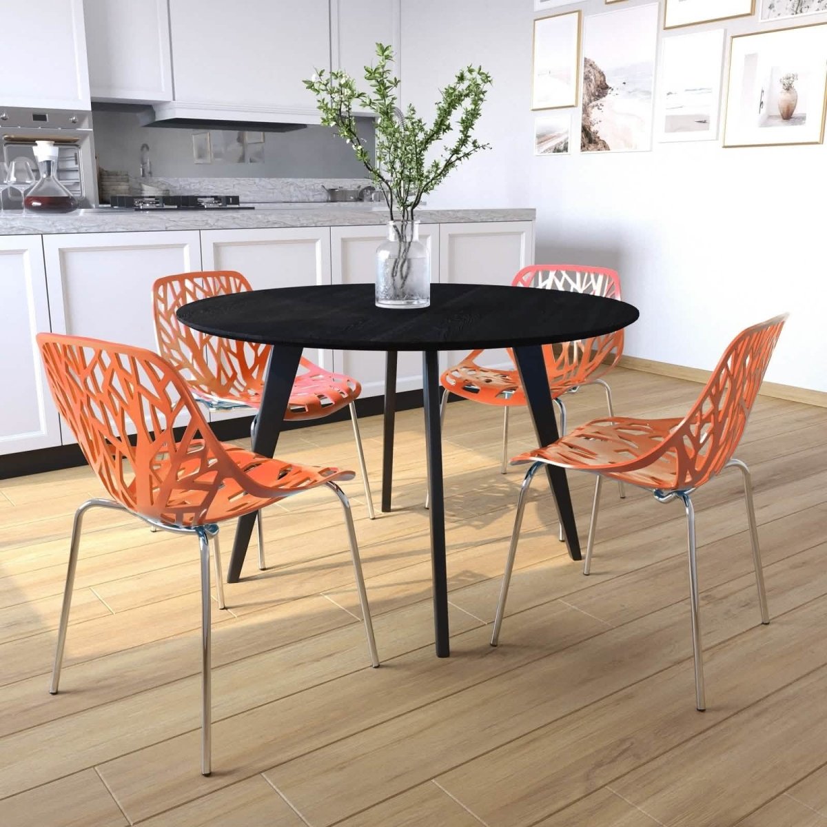 Asbury Polypropylene Dining Side Chair with Forest Cut-Out Design in Chrome Orange Dining Chair Leisuremod