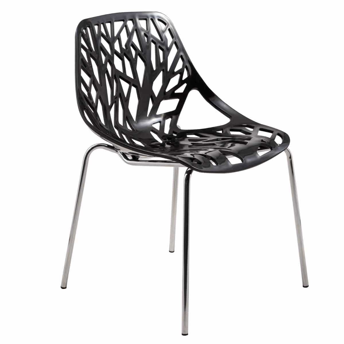 Asbury Polypropylene Dining Side Chair with Forest Cut-Out Design in Chrome Black Dining Chair Leisuremod
