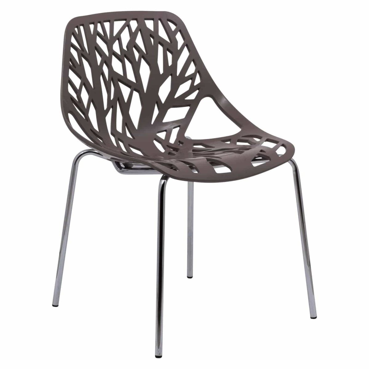 Asbury Polypropylene Dining Side Chair with Forest Cut-Out Design in Chrome Taupe Dining Chair Leisuremod