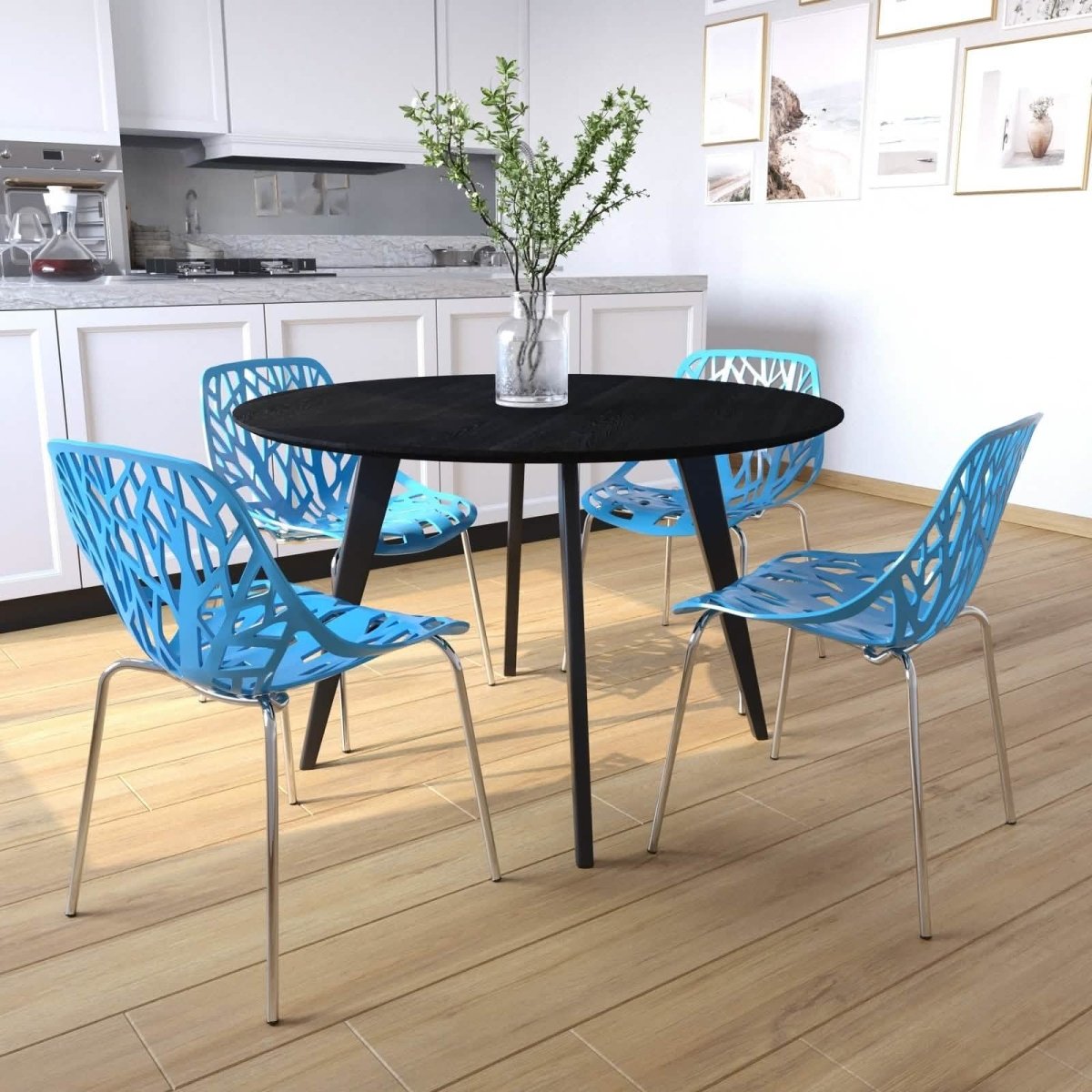 Asbury Polypropylene Dining Side Chair with Forest Cut-Out Design in Chrome Blue Dining Chair Leisuremod