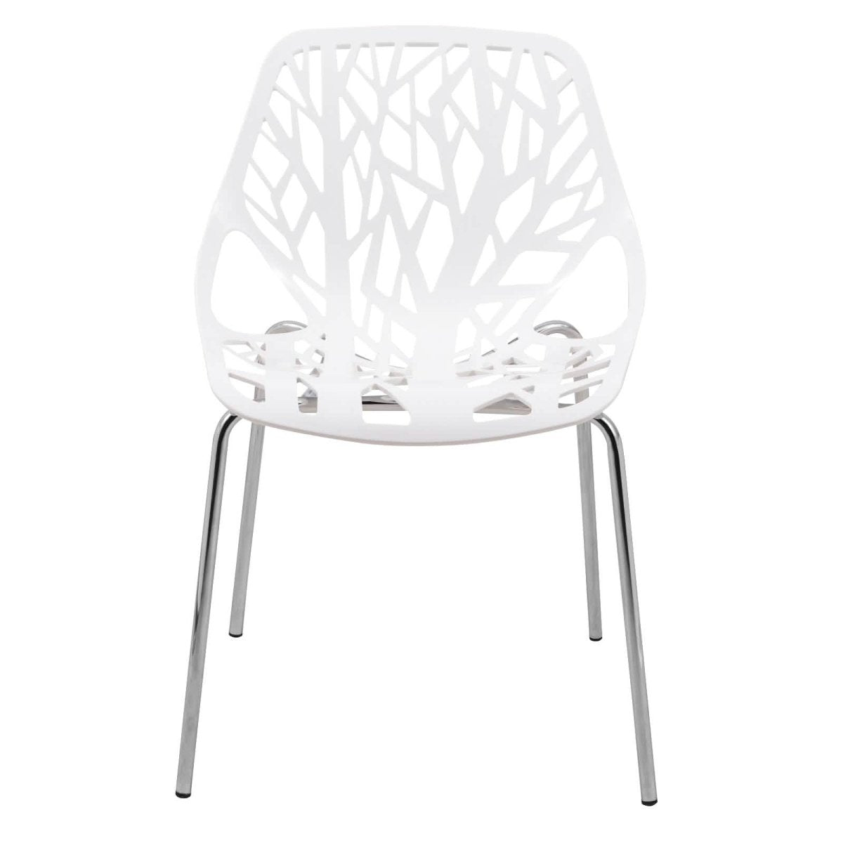 Asbury Polypropylene Dining Side Chair with Forest Cut-Out Design in Chrome White Dining Chair Leisuremod