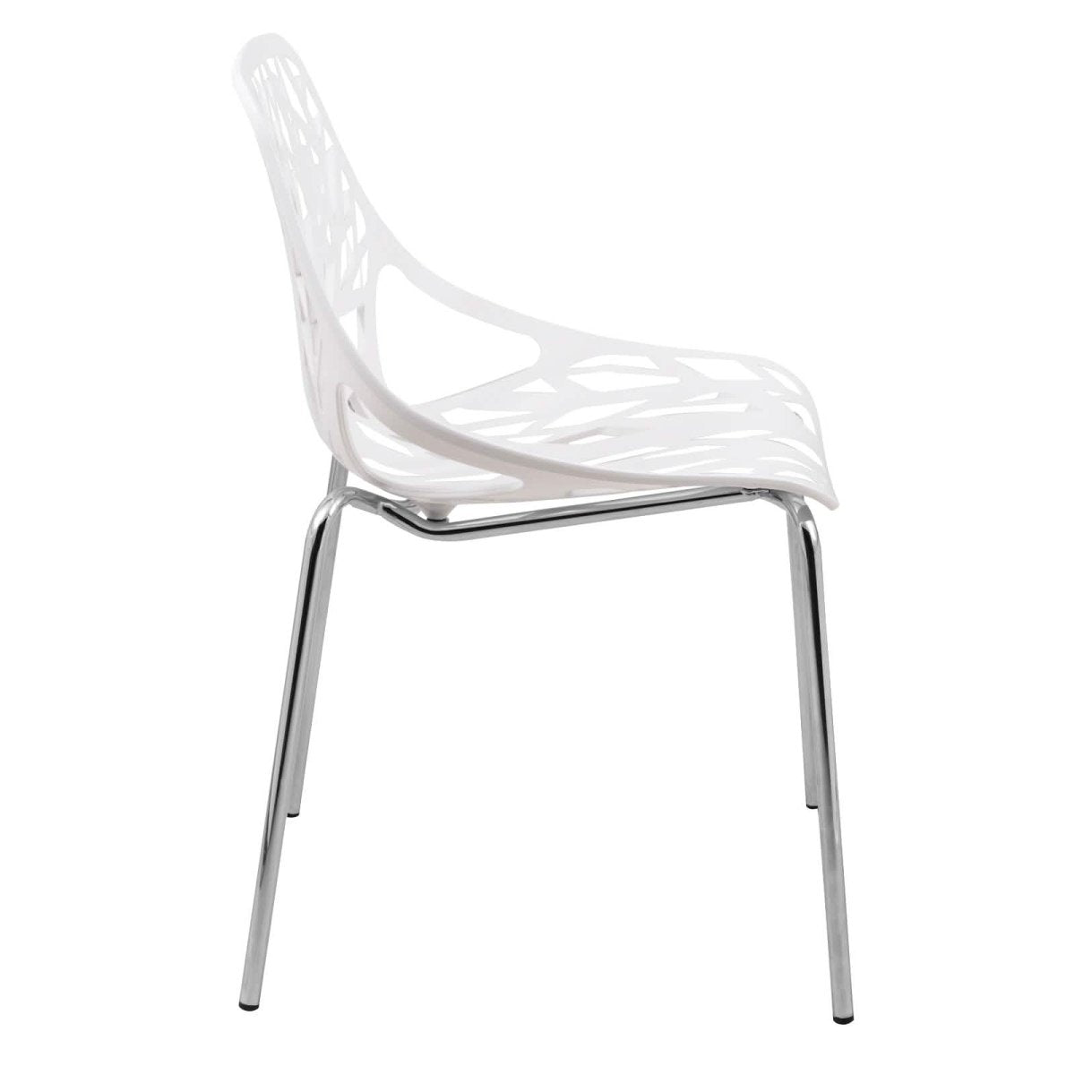 Asbury Polypropylene Dining Side Chair with Forest Cut-Out Design in Chrome White Dining Chair Leisuremod
