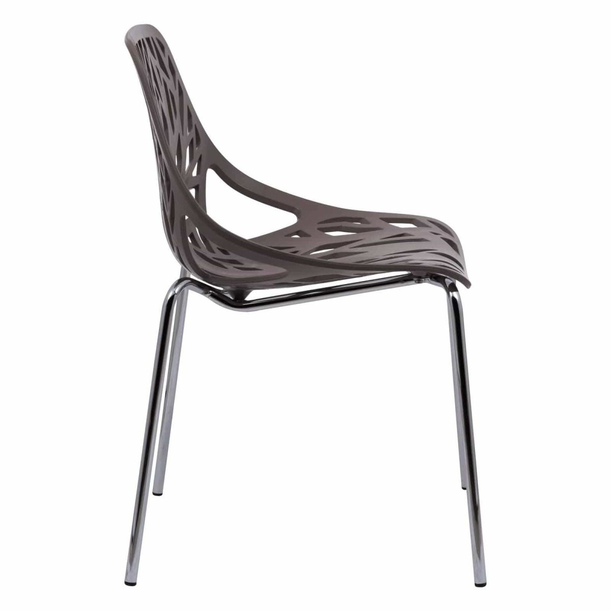 Asbury Polypropylene Dining Side Chair with Forest Cut-Out Design in Chrome Taupe Dining Chair Leisuremod